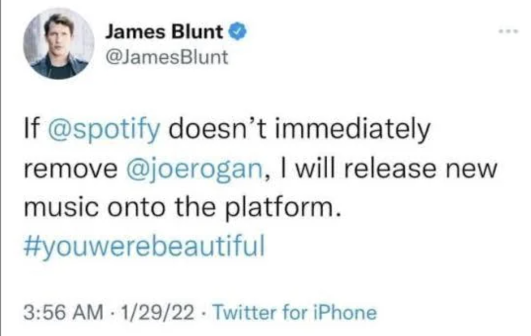 screenshot - James Blunt If doesn't immediately remove , I will release new music onto the platform. 12922 Twitter for iPhone